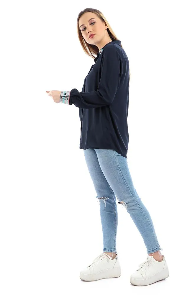 38947 Elegant Stitched Long Sleeves Buttoned Navy Blue Shirt
