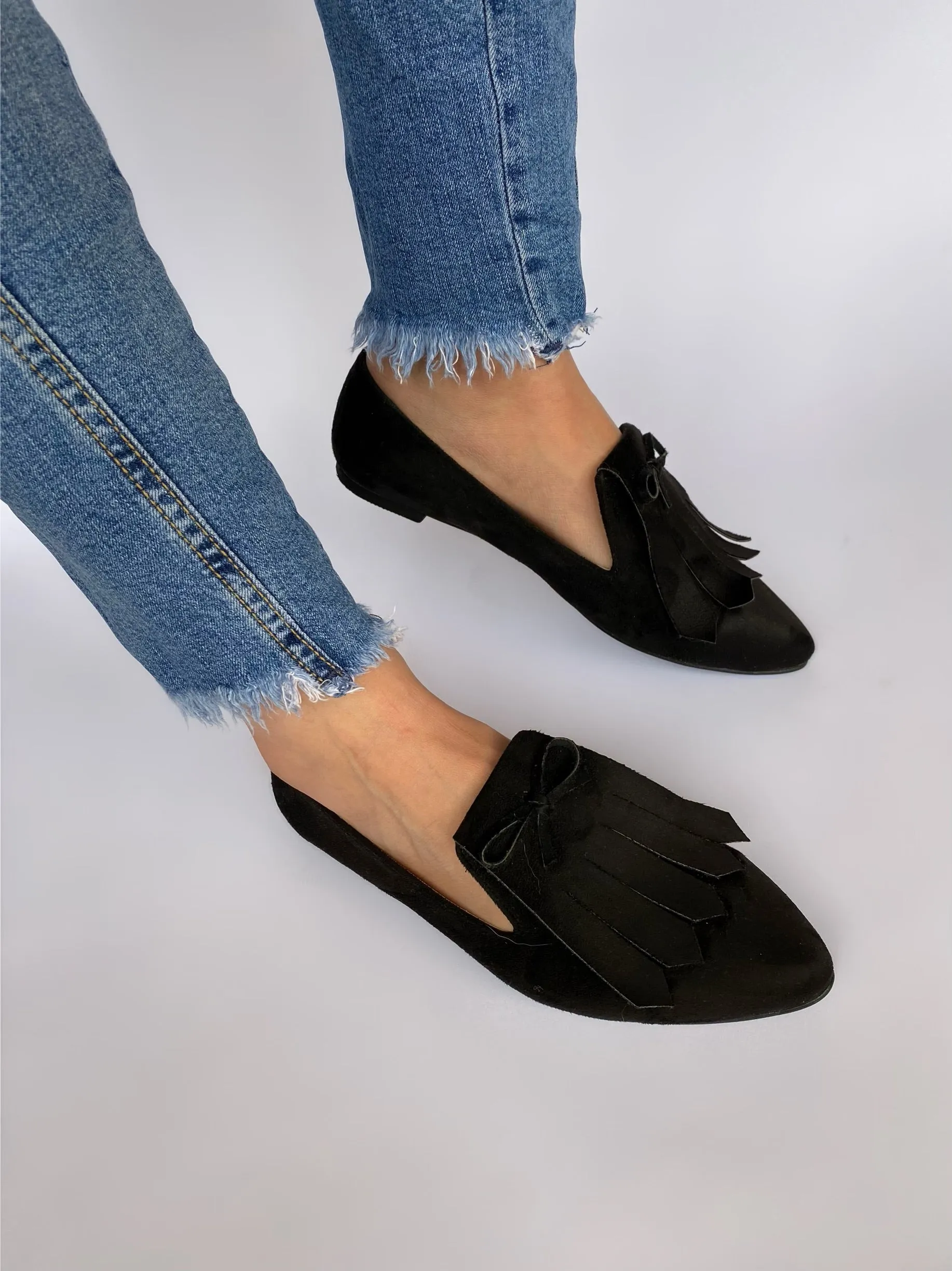 Black Fringed Suede Loafers