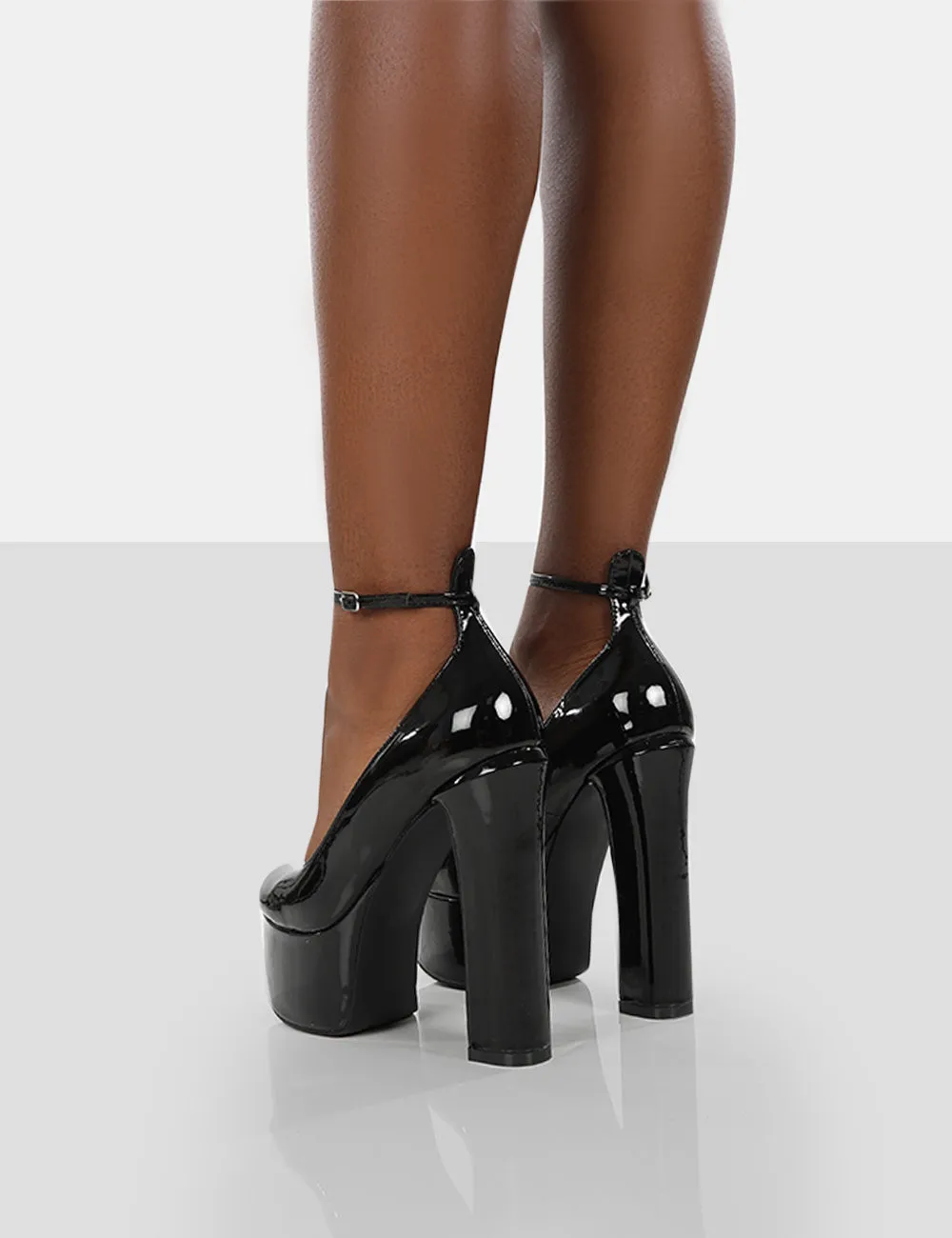 Donatella Black Patent Ankle Strap Closed Toe Platform Block Heels