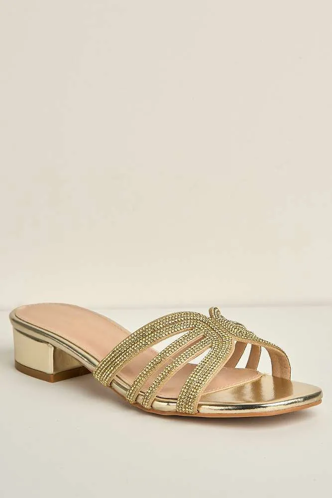 Eliza 6 Diamante Band Block Heel Mule in Gold