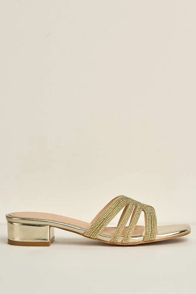 Eliza 6 Diamante Band Block Heel Mule in Gold