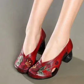 Flowers Embroidery Leather Hollow Pumps