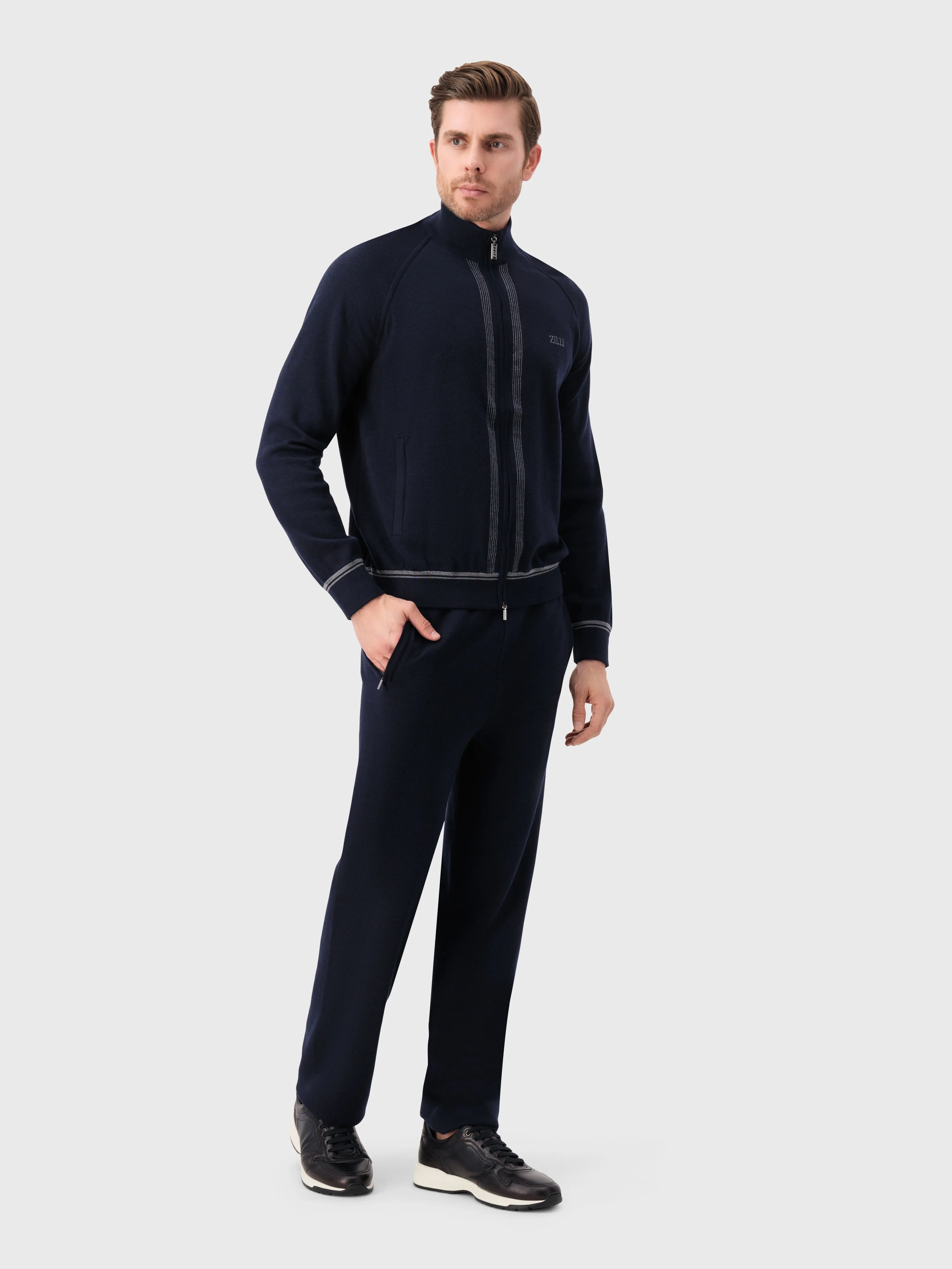 Jogging Suit in Wool and Silk with Lion Embroidery Dark Navy
