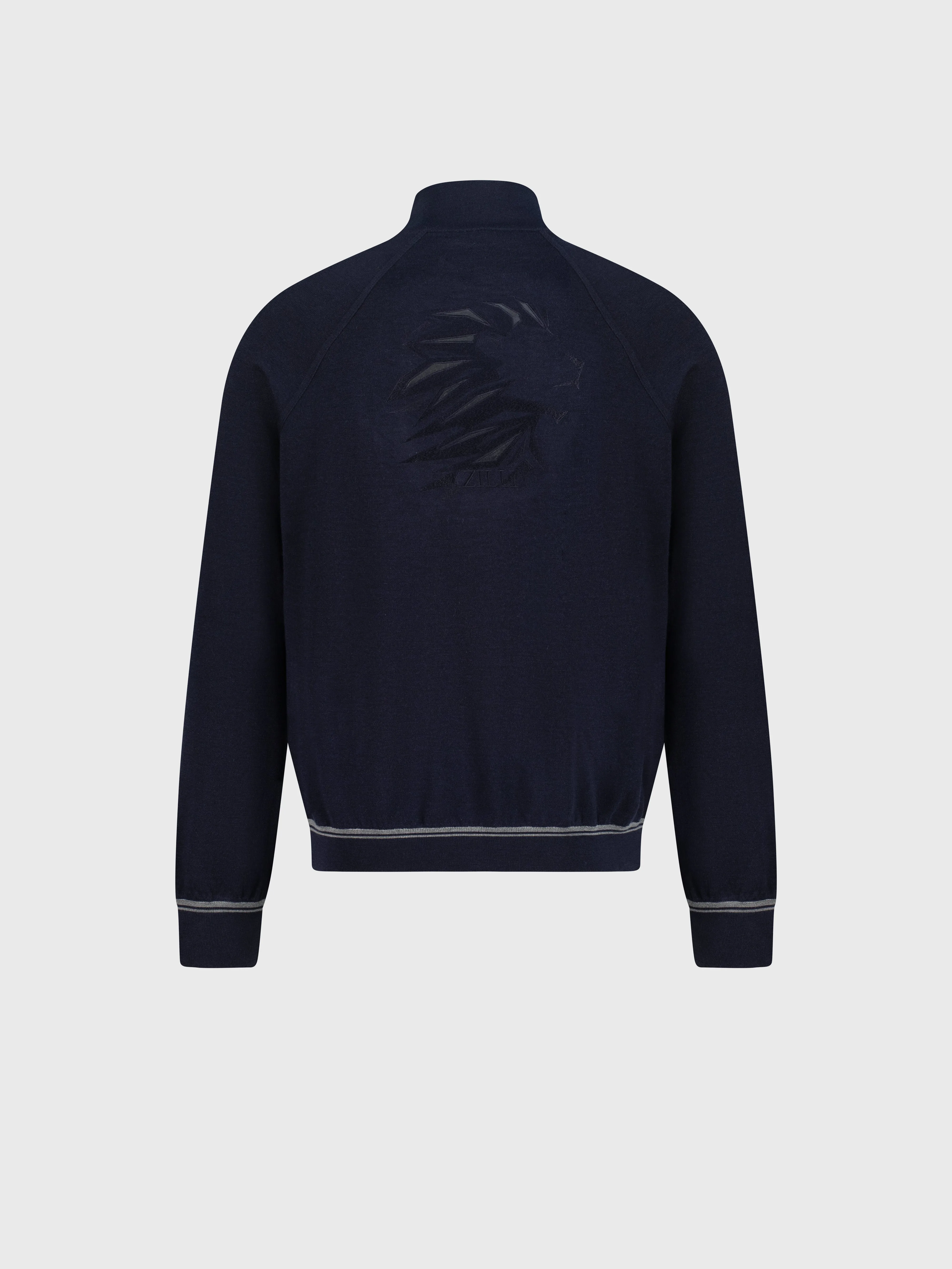 Jogging Suit in Wool and Silk with Lion Embroidery Dark Navy