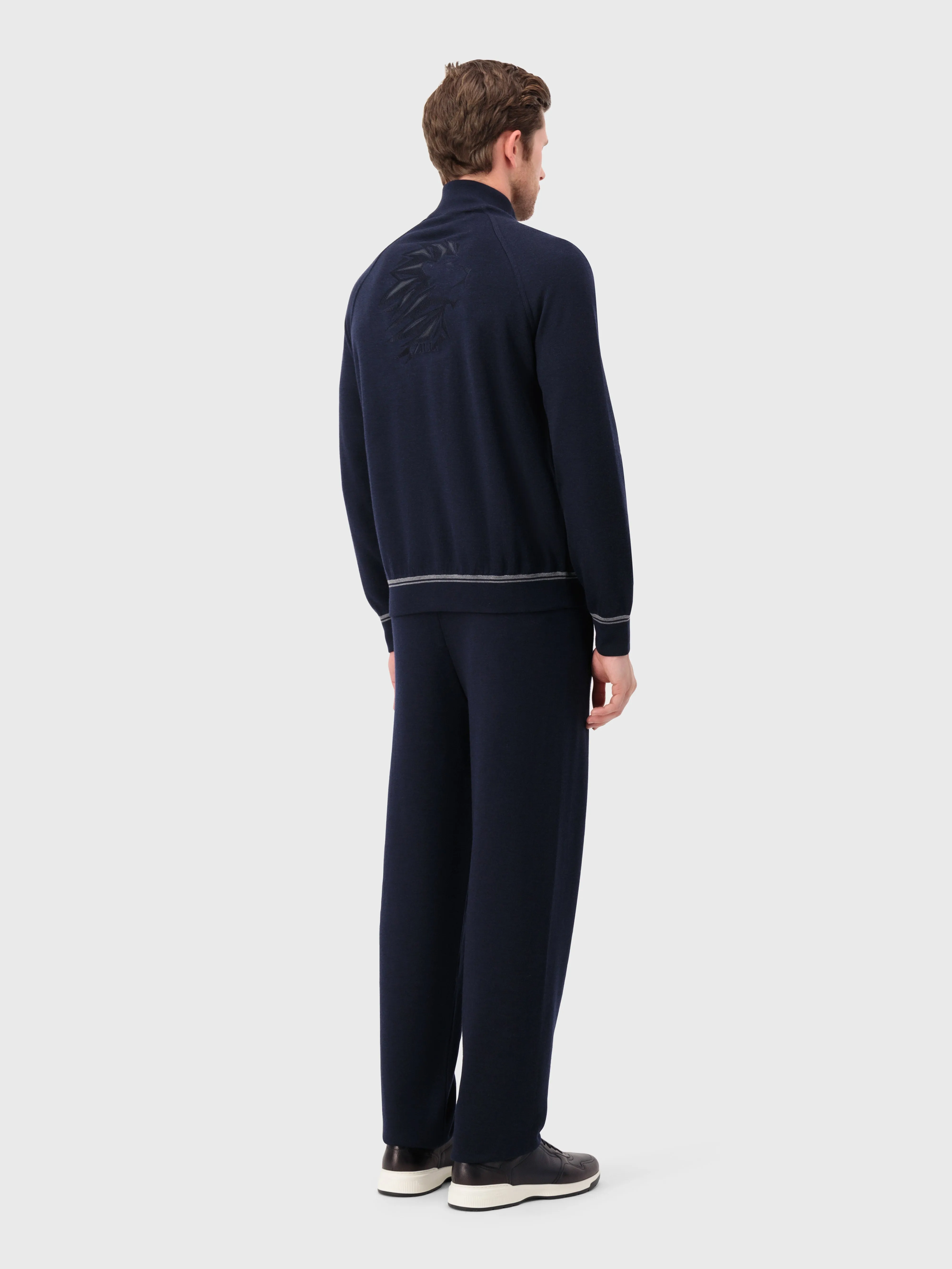 Jogging Suit in Wool and Silk with Lion Embroidery Dark Navy