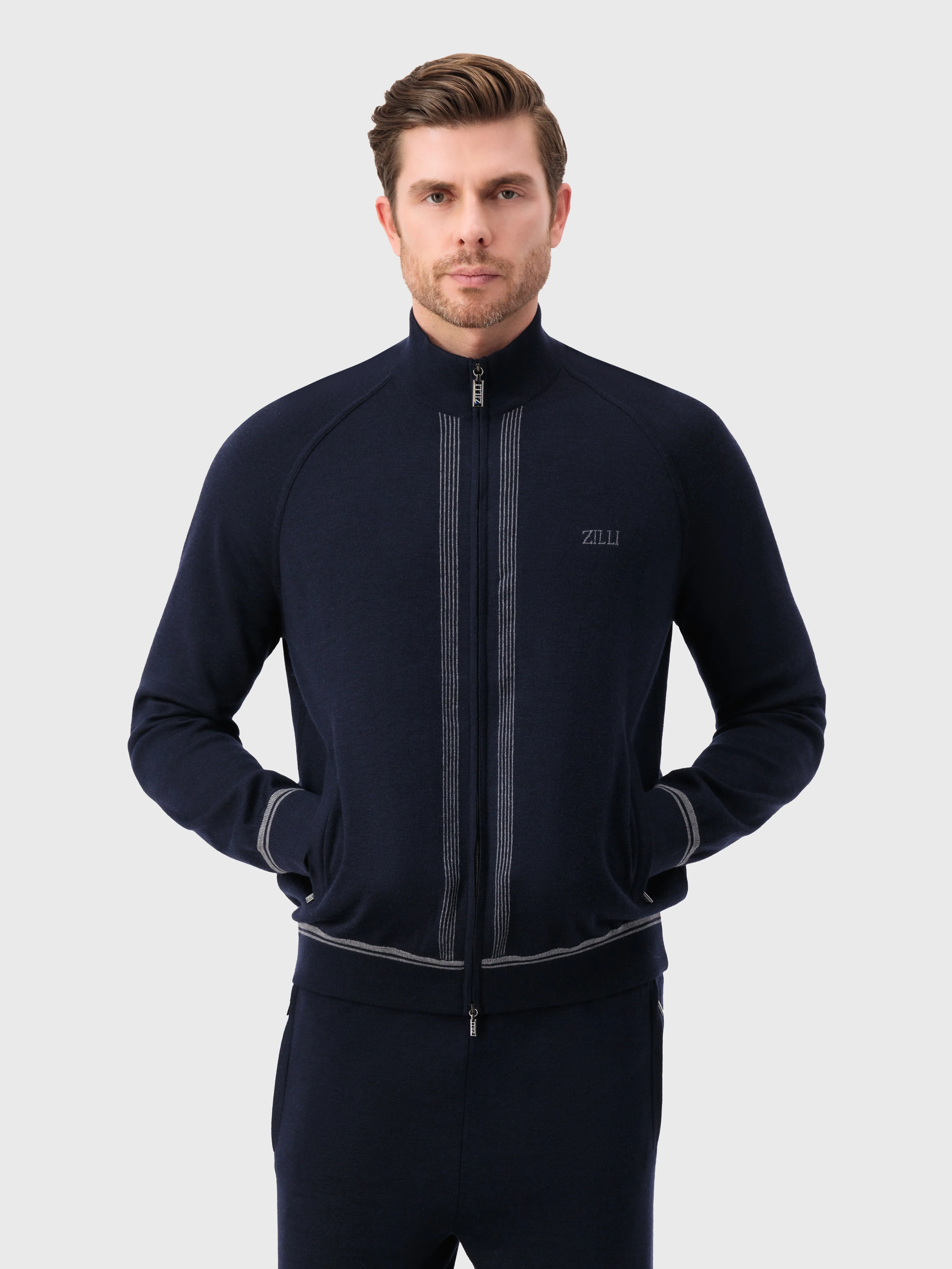 Jogging Suit in Wool and Silk with Lion Embroidery Dark Navy