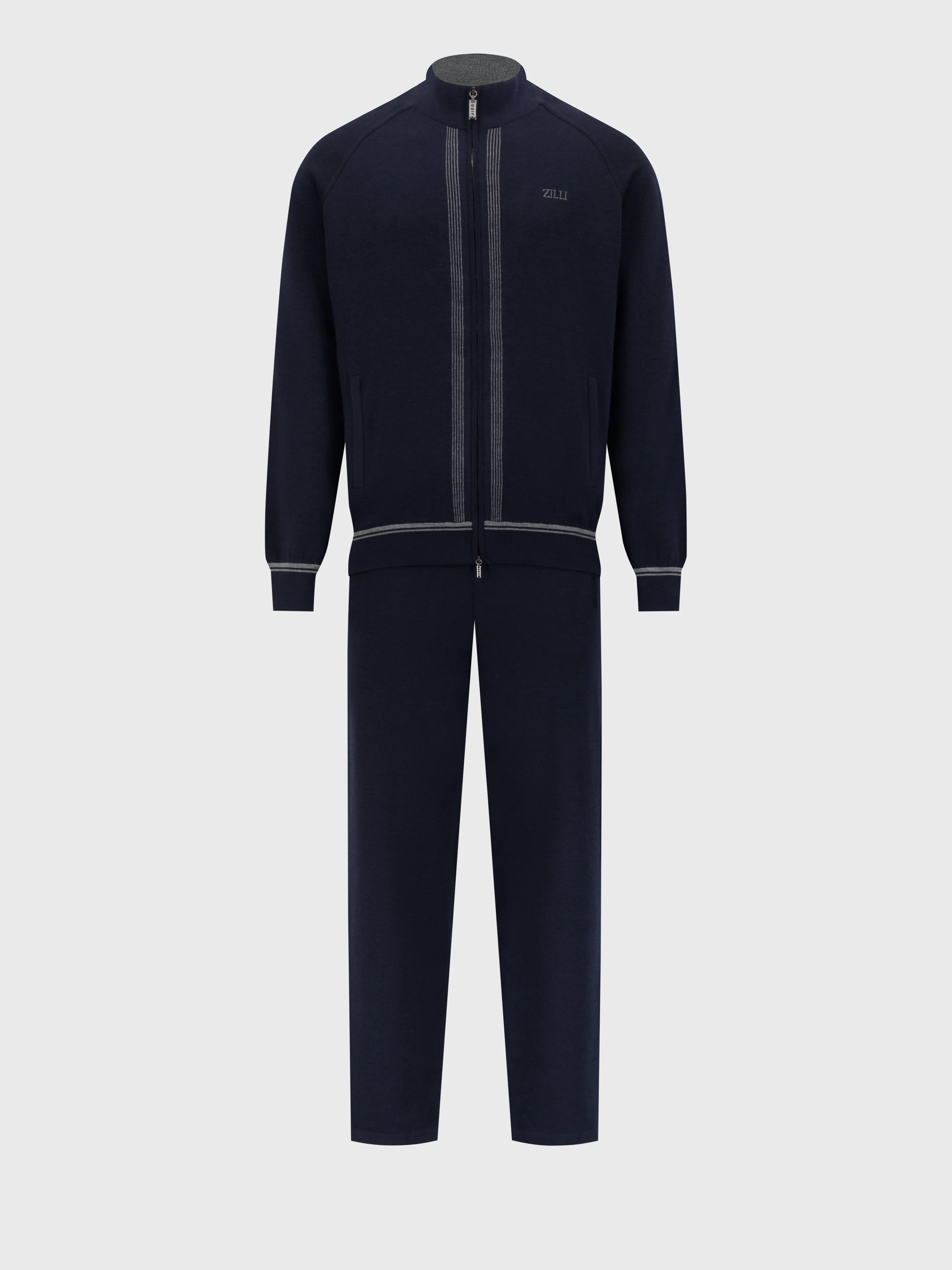 Jogging Suit in Wool and Silk with Lion Embroidery Dark Navy
