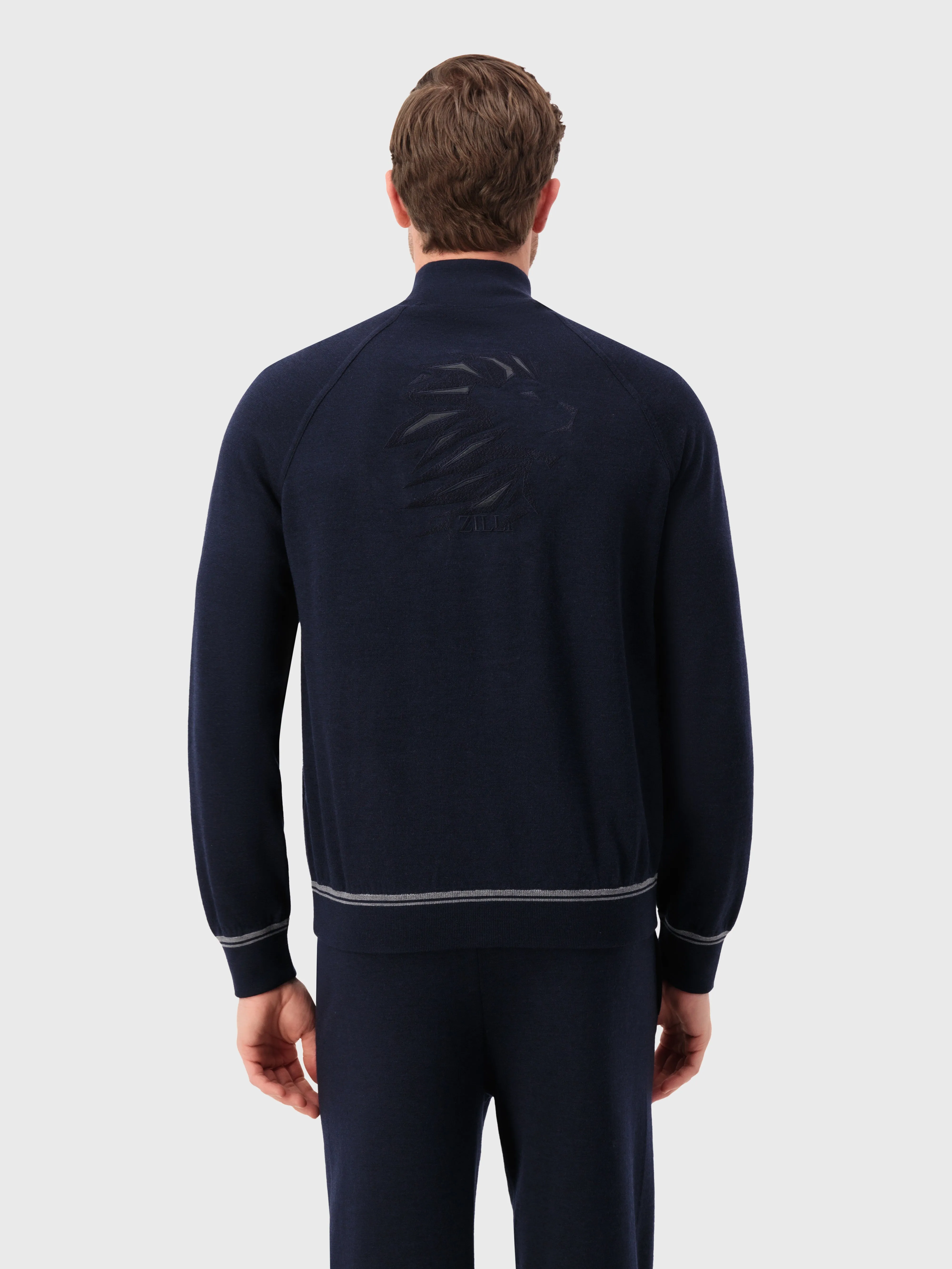 Jogging Suit in Wool and Silk with Lion Embroidery Dark Navy