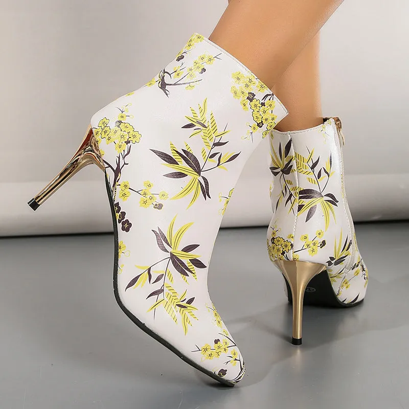 Women's vintage stylish flower printed booties stiletto heels
